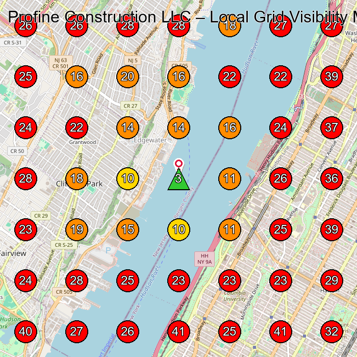 Profine Construction LLC GeoGrid visibility map for Roofing Contractor in Edgewater